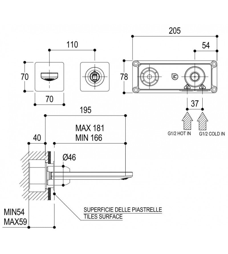 Miscelatore lavabo a parete con due piastre Ritmonio Haptic PR43AY201CRL-PR43AY202CRL