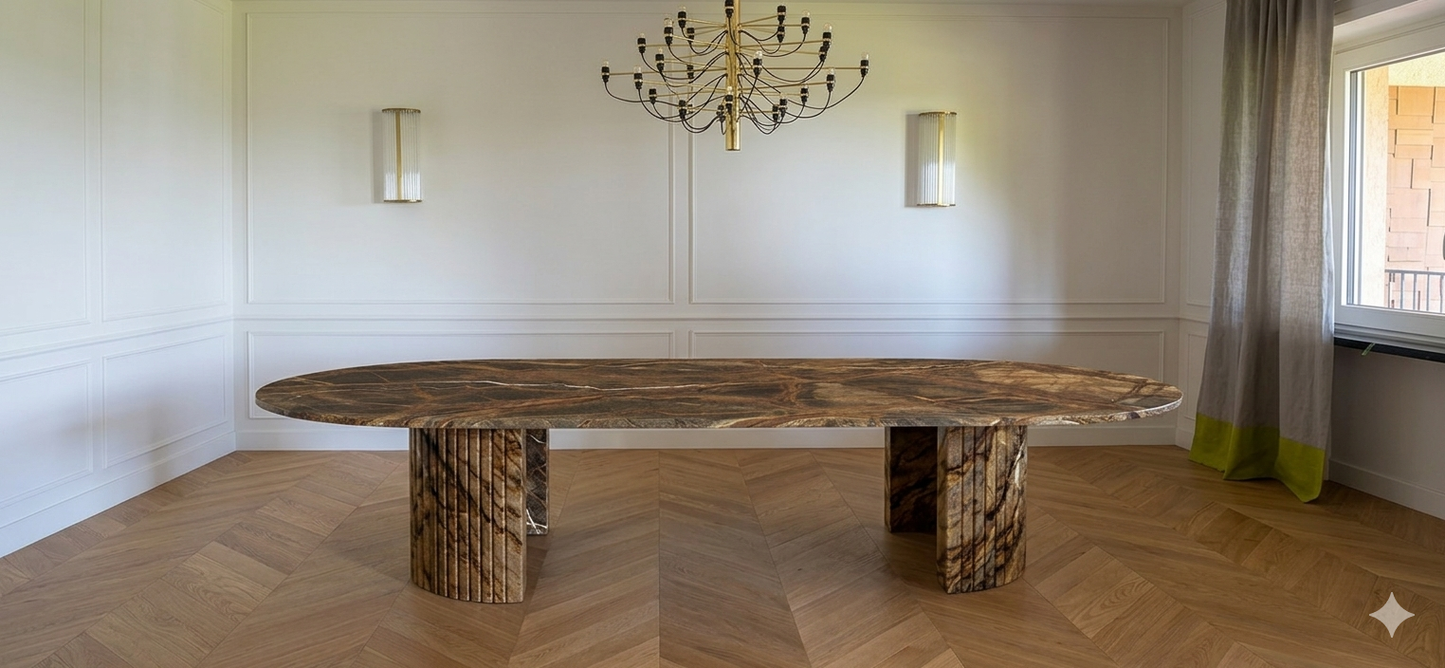 Tavolo da Pranzo “DOUBLE ARC”marmo FOREST BROWN